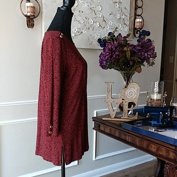 NWOT Liz Claiborne Dark Orange With Black Prints 3/4 Sleeves Tunic Top. Size S - Picture 9 of 17